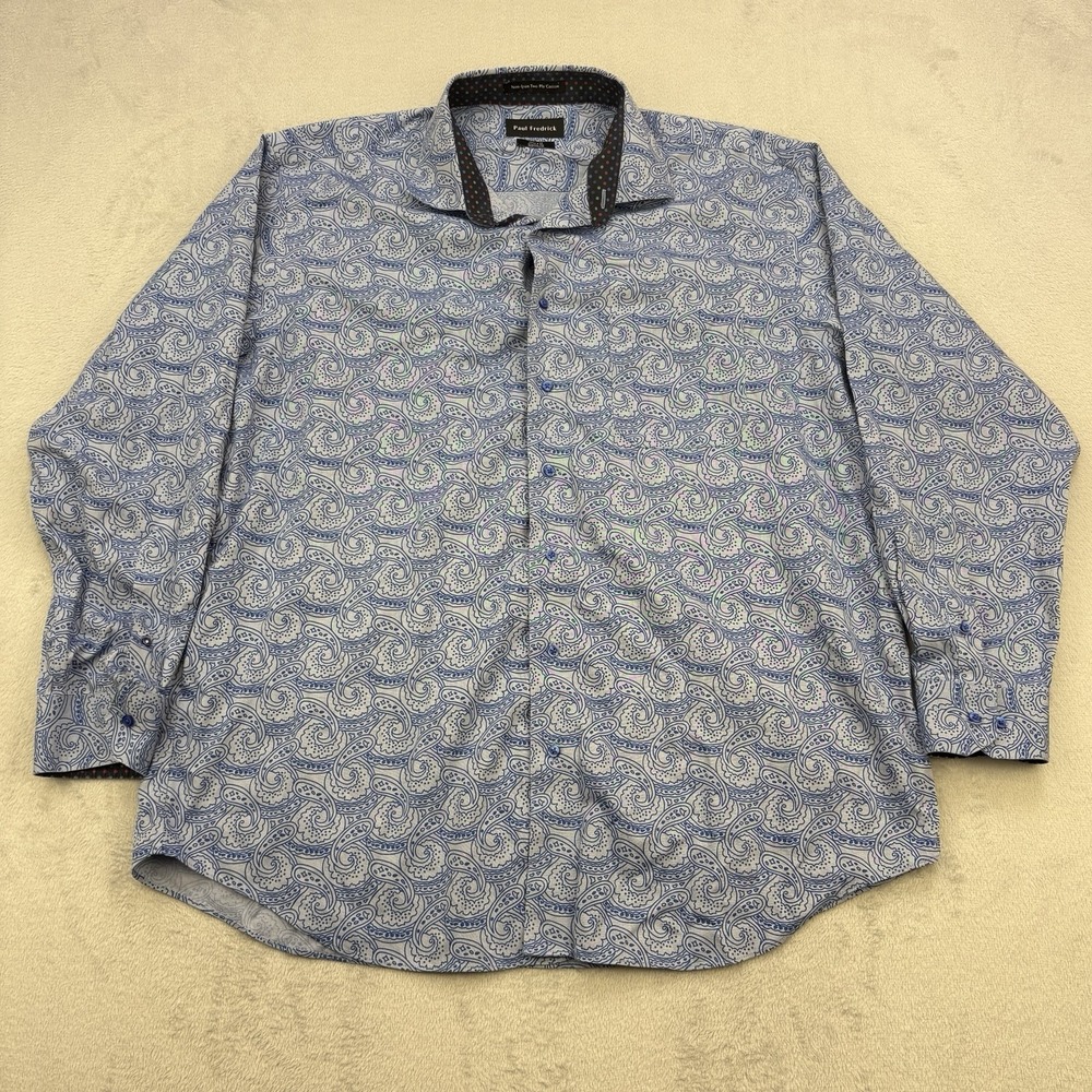 Paul Fredrick Shirt Mens 3XL 17.5x35 Blue Paisley Non Iron Two Ply Cotton Party